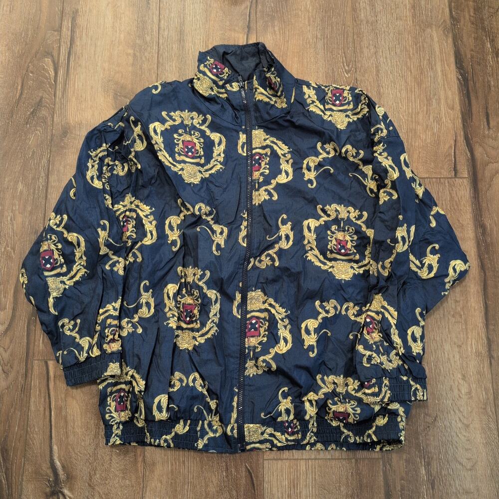 VTG Slade Women's Large Zip‎ Up Nylon Jacket Medieval Lion Royal Blue Retro